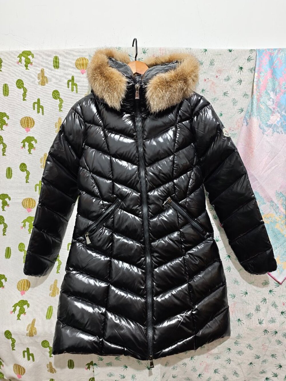 Moncler Black Shiny Long Down Puffer Coat Fur Trim Hood